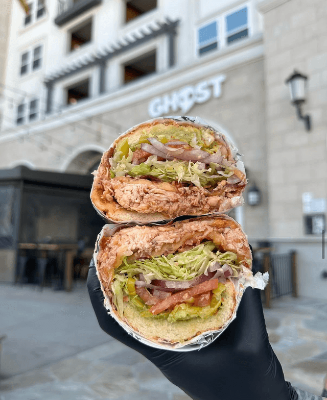 Ghost Sando stacked sandwich outside the shop